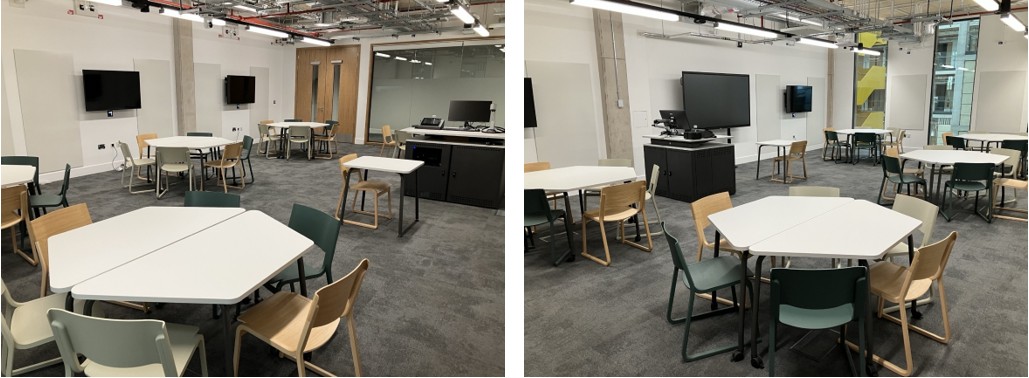 Classroom with table and chairs set up for active learning.